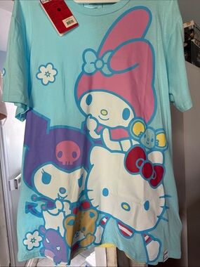 Loungefly Light Blue Short Sleeve Tee with Pink, Purple & Red Character Print